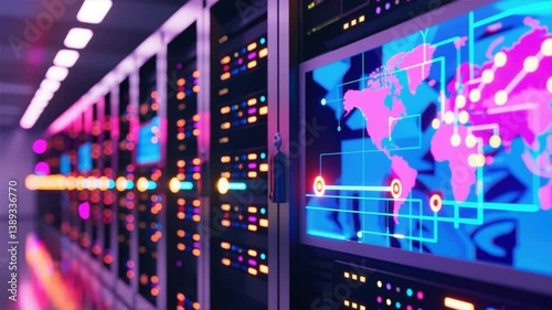 Wallpaper Mural Futuristic data center with illuminated servers and digital maps, showcasing modern technology and connectivity. Torontodigital.ca