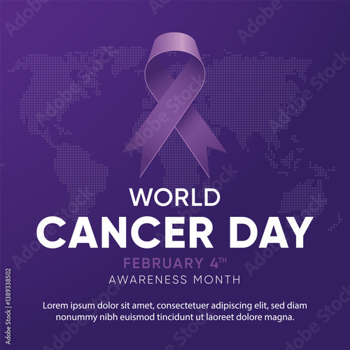 World Cancer Day creative concept. With flat design background and lavender ribbon. Vector template for banner, greeting card, poster, prints, social media, flyer ,with background. Vector illustration