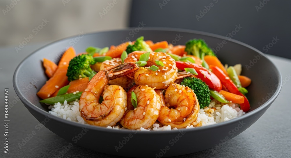 Asian Inspired Shrimp and Vegetable Bowl - Savory grilled shrimp, vibrant vegetables, and fluffy rice create a delightful and healthy meal. This dish symbolizes balance, freshness, flavor Asian Inspired Shrimp and Vegetable Bowl - Savory grilled shrimp, vibrant vegetables, and fluffy rice create a delightful and healthy meal. This dish symbolizes balance, freshness, flavor