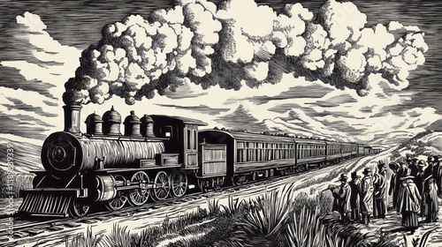 Vintage illustration of a steam locomotive emitting smoke, pulling multiple passenger cars. A group of people in old-fashioned clothes stands on the right side observing