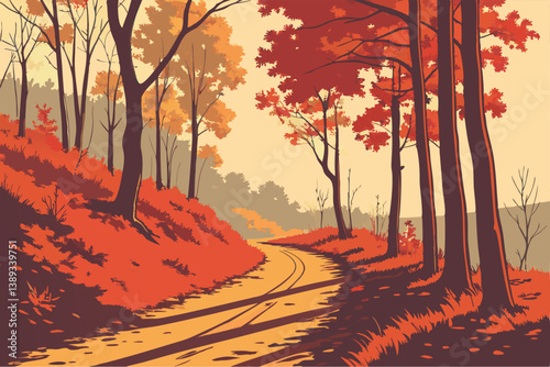 125 Winding forest road, vibrant autumn foliage, red and orange leaves, dark asphalt, yellow road lines, dramatic fall colors, dense woodland, moody atmosphere, saturated hues, curving path, scenic dr