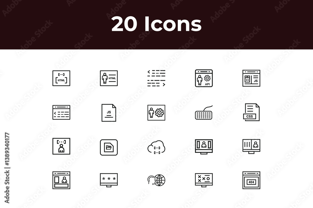 Programming coding set of web icons in line style. Software development icons for web and mobile app. Code, api, programmer, developer, information technology and more. Vector illustration design art Programming coding set of web icons in line style. Software development icons for web and mobile app. Code, api, programmer, developer, information technology and more. Vector illustration design art