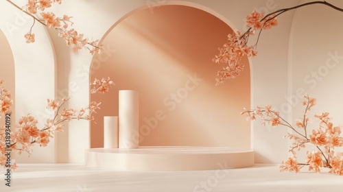 Minimalist archway display with blossoms, soft light, empty podium
