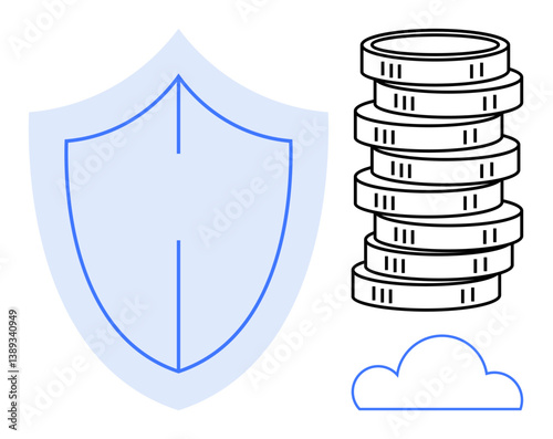 Shield for security, coin stack for savings, cloud for digital technology. Ideal for finance, cybersecurity, data protection, investments, cloud computing, online banking flat simple metaphor