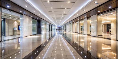 Fototapeta Naklejka Na Ścianę i Meble -  Gleaming Corridor of Modern Retail Spaces with Polished Floors and Recessed Lighting