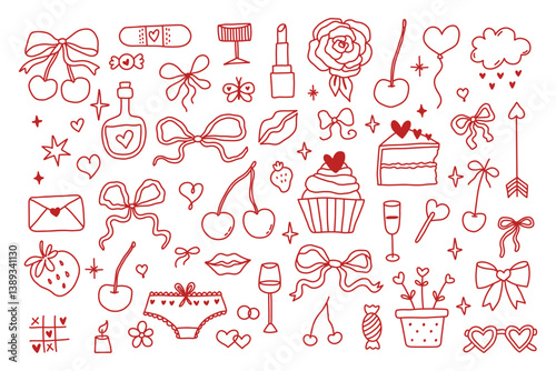 Coquette doodle set. Hand drawn romantic symbols in red, featuring bows, cherries, hearts, cupcakes, lipstick, and love letters. Perfect for Valentine's Day, stationery, prints, stickers, packaging.