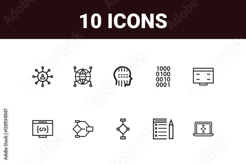Programming coding set of web icons in line style. Software development icons for web and mobile app. Code, api, programmer, developer, information technology and more. Vector illustration design art