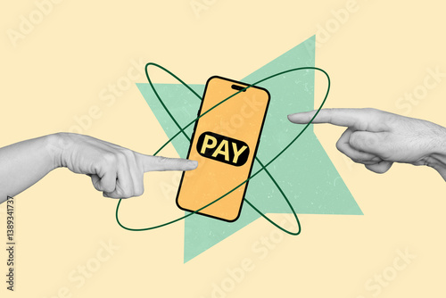 Fototapeta Naklejka Na Ścianę i Meble -  Trend artwork template design 3D collage sketch of symbol body language finger showing smartphone display bank wealth cash income salary