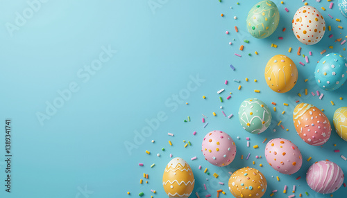 Vibrant Pastel Easter Eggs and Confetti on a Light Blue Festive Background