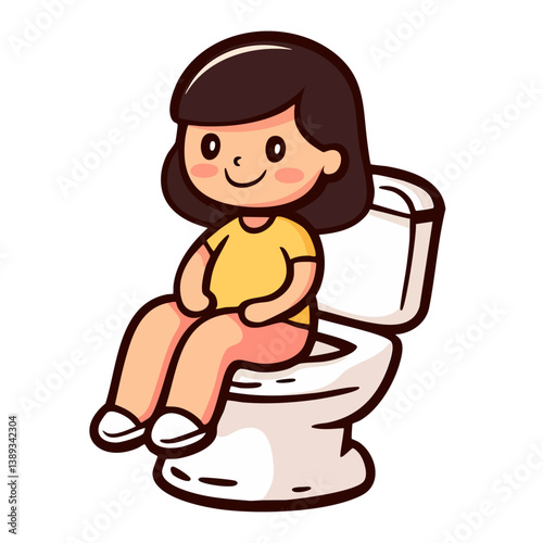 Woman sitting on a toilet, hand drawn doodle cartoon character clip art, isolated simple vector illustration