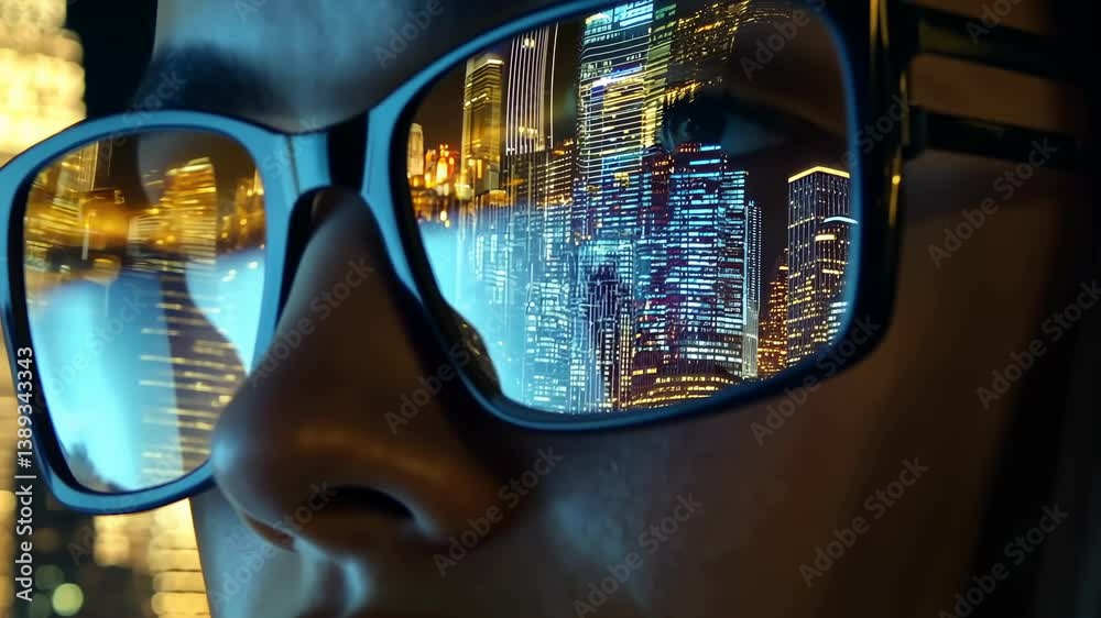 A dramatic, close-up photograph capturing person's face glasses reflecting vibrant cityscape. The focuses intricate details city lights mirrored lenses, blurring boundary between sight , urban