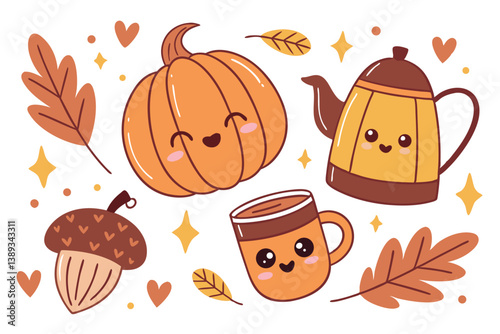 127 Cute autumn stickers, kawaii fall elements, pumpkins with faces, colorful leaves, teapot character, coffee mug, acorn cup, warm colors, orange and brown tones, heart shapes, sparkles, cartoon styl