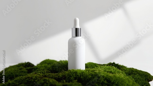 A minimalistic white cosmetic bottle standing on a lush green moss, isolated on a white studio background. Empty label, oil dropper bottle. Backdrop for product stand display, advertising, mock up