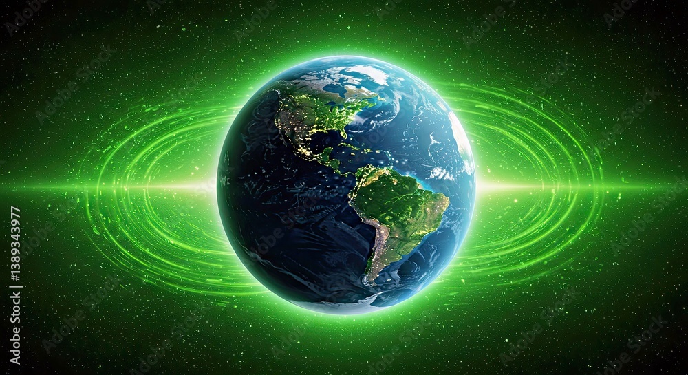 Obraz premium Detailed Depiction Of A Lush Planet Earth From A Space Perspective, Highlighting Vibrant Green Landmasses And Blue Oceans With Dynamic Atmospheric Swirls.