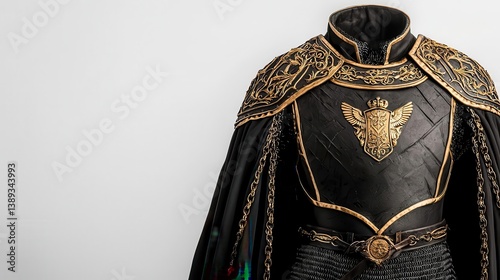 Enchanted knight s tabard with a royal crest, chainmail underneath, and gold embroidery, centered against a white background photo