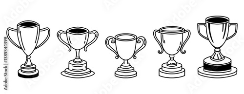 Award cup hand drawn illustrations. Graduation award set, black vector Illustration. Doodle Winners trophy logo. Champion cup, first place. Sports competition trophy set, handdrawn elements.