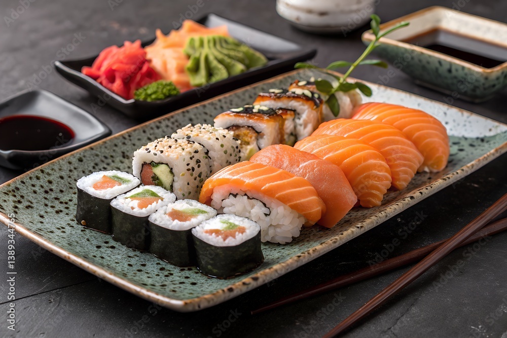 Delicious sushi platter with salmon nigiri and assorted rolls for japanese food lovers enjoy your meal Delicious sushi platter with salmon nigiri and assorted rolls for japanese food lovers enjoy your meal