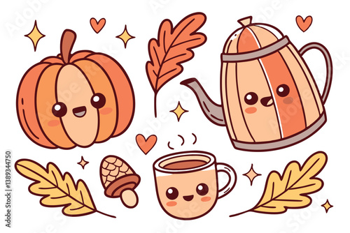 127 Cute autumn stickers, kawaii fall elements, pumpkins with faces, colorful leaves, teapot character, coffee mug, acorn cup, warm colors, orange and brown tones, heart shapes, sparkles, cartoon styl