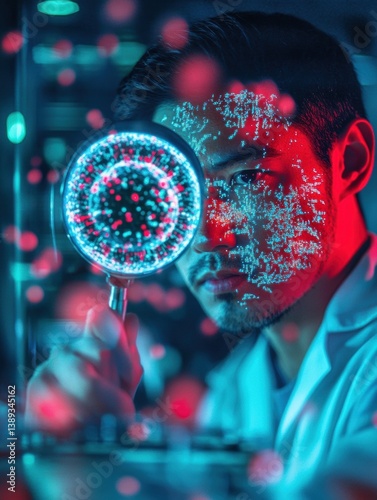 Scientist examines virus model in innovative virology lab with holographic projections