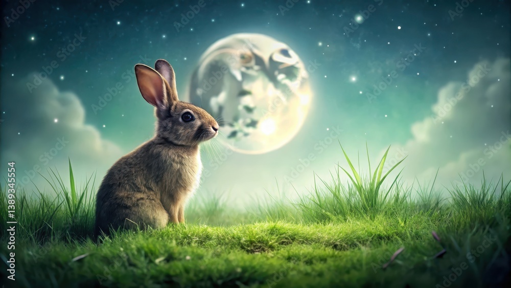 Obraz premium A lone bunny sits peacefully in a vibrant green meadow, gazing at the serene night sky illuminated by a radiant full moon. The tranquil atmosphere evokes feelings of calmness and wonder.