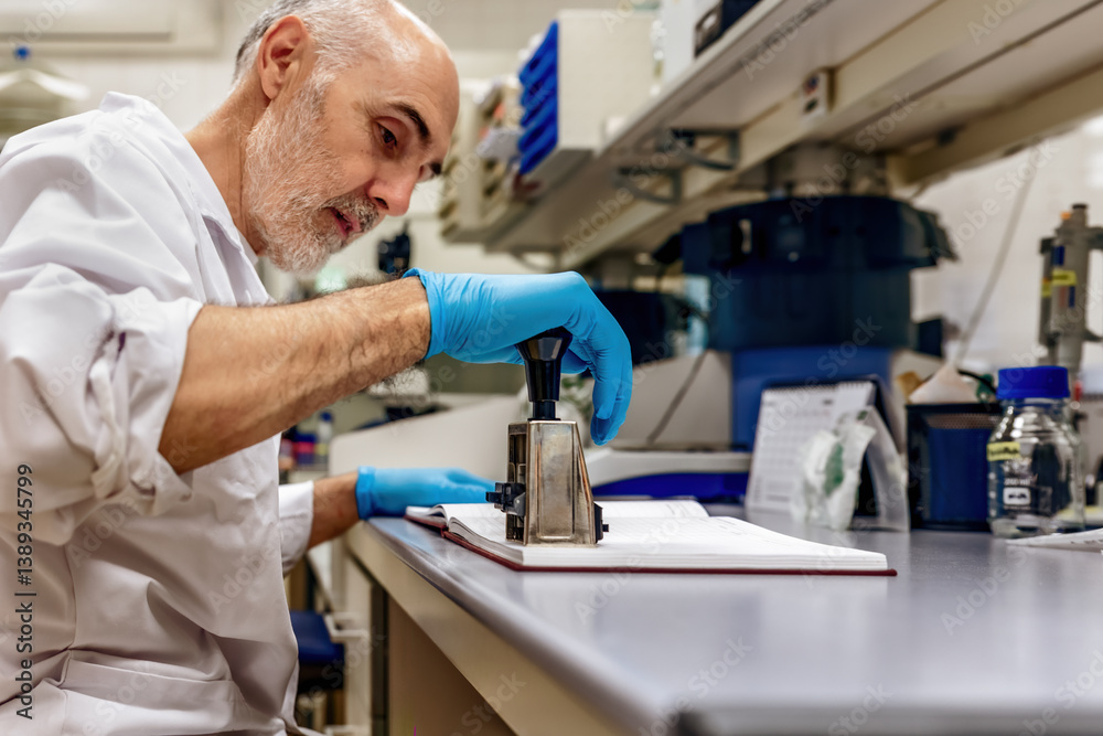 Naklejka premium Scientist using a stamp in a laboratory with selective focus in a clinical setting