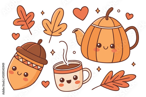 127 Cute autumn stickers, kawaii fall elements, pumpkins with faces, colorful leaves, teapot character, coffee mug, acorn cup, warm colors, orange and brown tones, heart shapes, sparkles, cartoon styl