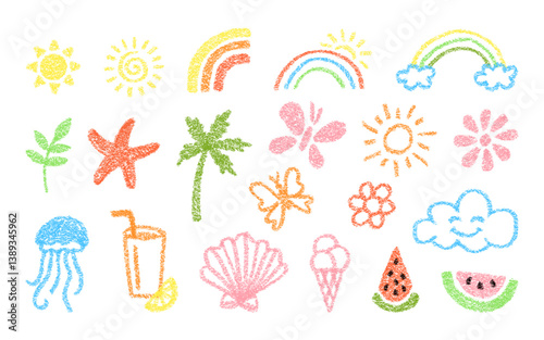 Hand drawn cute summer doodles for kids. Decorative chalk drawing elements - sun and rainbow. Collection of crayon drawing illustrations isolated on white background - flower, watermelon, butterfly.