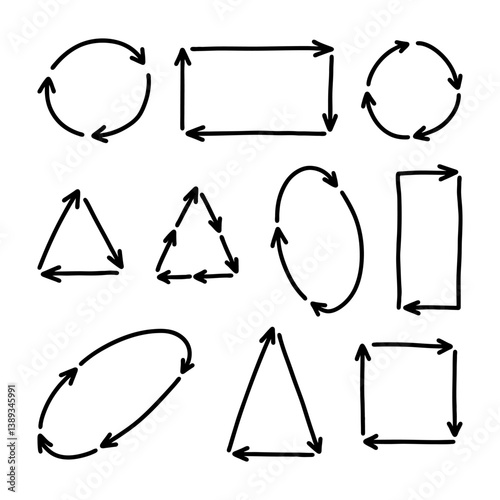 Vector directional arrows on white background. Doodle arrow elements. Hand drawn simple black arrows. Arrows for stylish trendy design or decor, direction indication. Hand drawn geometric arrows set