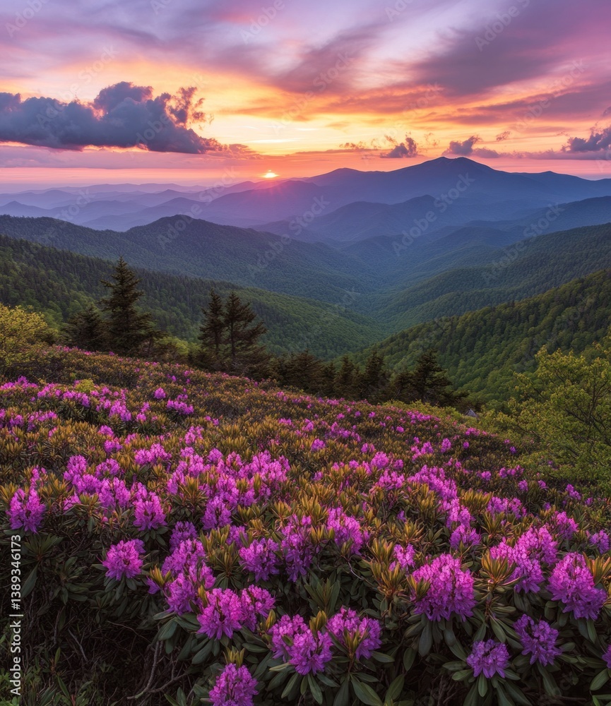 Fototapeta premium Beautiful mountain landscape with vibrant flowers during a colorful sunset