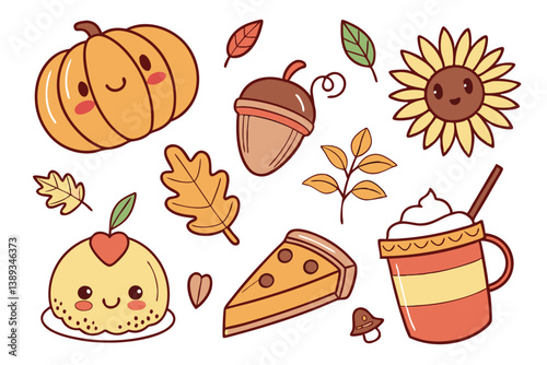 127 Cute autumn stickers, kawaii fall elements, pumpkins with faces, colorful leaves, teapot character, coffee mug, acorn cup, warm colors, orange and brown tones, heart shapes, sparkles, cartoon styl