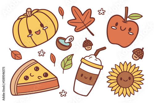 127 Cute autumn stickers, kawaii fall elements, pumpkins with faces, colorful leaves, teapot character, coffee mug, acorn cup, warm colors, orange and brown tones, heart shapes, sparkles, cartoon styl