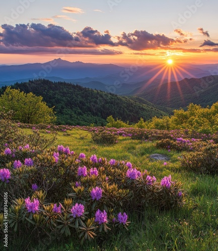 A scenic mountain landscape displays a sunset with vibrant colors