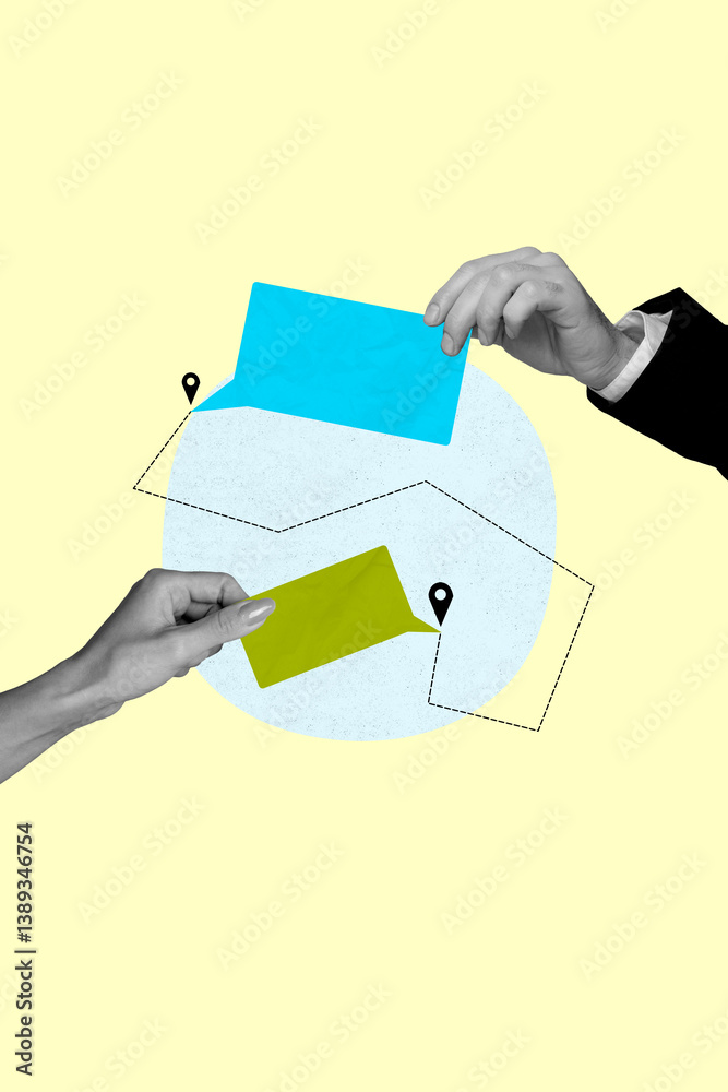 Creative image collage of two hands holding demonstrate speech bubble on yellow background