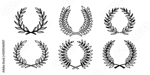 Laurel wreaths hand drawn illustrations. Graduation award set, black vector Illustration. University or college graduation laurel wreath. Set of handdrawn frame wreaths from branches with leaves.