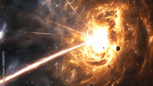 Black hole devouring light: cosmic energy jets in dark nebula. Devoured Light. Illustration
