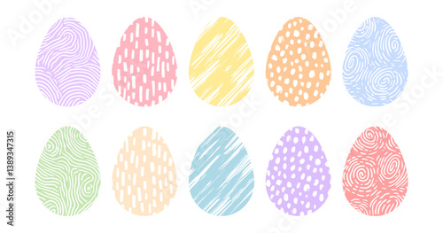 Spring illustration, pastel colored patterned eggs set for greeting cards. Set decorative textured Easter eggs. Simple illustration for Easter - ornamented eggs isolated on white background.