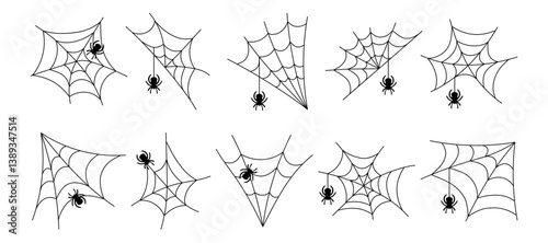 Halloween line silhouettes black line spiderweb or cobweb - for design decor. Vector illustration, traditional Halloween decorative elements. Set spider web with spiders, isolated on white background.