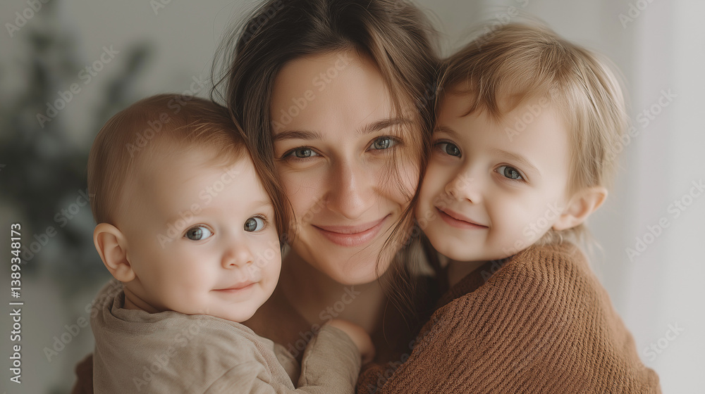 Happy Family Portrait with Mother at Center and Soft Blur Background with Copy Space Above Happy Family Portrait with Mother at Center and Soft Blur Background with Copy Space Above