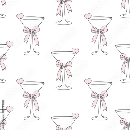 Seamless Pattern Romance Glass Cocktail with Pink Bow and Heart on White Background. One Continuous Line. Aesthetic Drink. Girly Vibe beverage. Outline drawing template. Vector illustration. Monoline