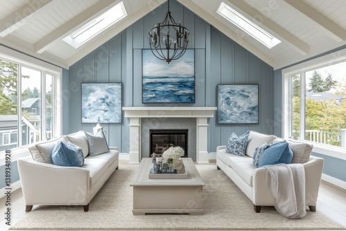 Classic living room with light blue and cream accents  elegant chandelier  large art pieces  cozy fireplace  and white oak flooring. Traditional meets contemporary design.