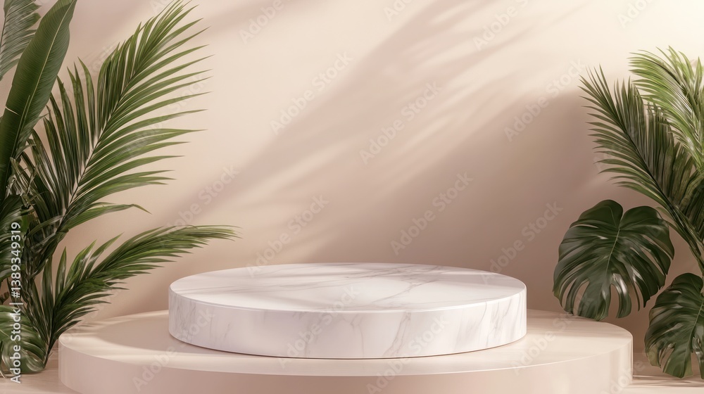 Minimalist marble podium with tropical plants for product display Minimalist marble podium with tropical plants for product display
