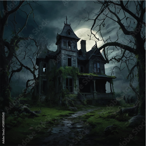 Ancient wooden house with a tower stands haunted amidst green trees under a night sky