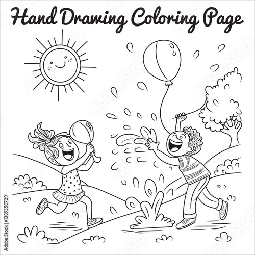 Hand-drawn children playing with balloons and water in a park