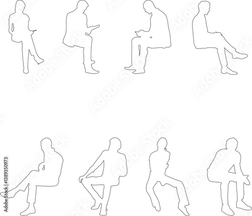 Linear silhouettes of seated people, designed for use in architectural plans, sections, and layouts.	

