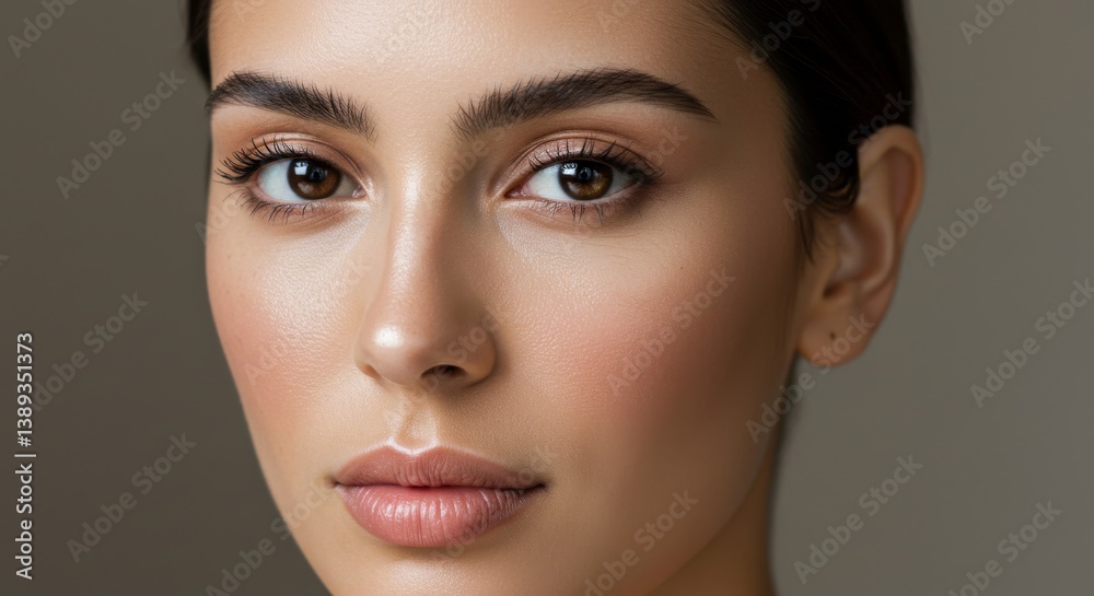 Fototapeta premium Close Up Portrait of a Woman's Face - A close-up portrait showcasing natural beauty, healthy skin, minimal makeup, and confidence. Symbolizing beauty, wellness, skincare, self-care, and empowerment