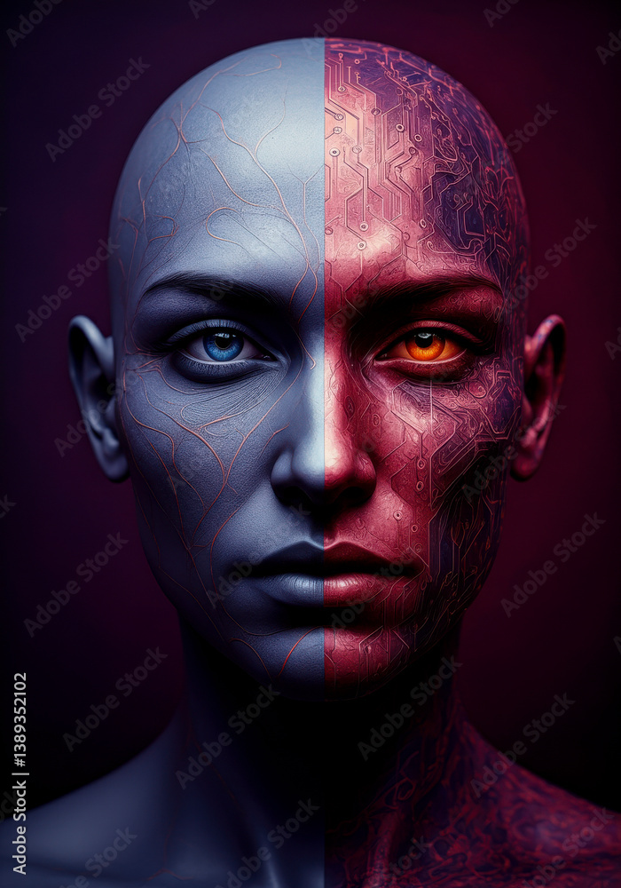 Digital character portrait in pink neon light with cyberpunk textures and divided facial tones