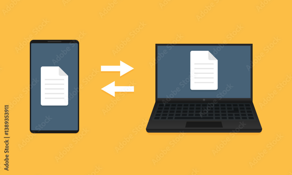 File transfer between a smartphone and a laptop. Vector illustration depicting the exchanging files or data sharing between the two devices. EPS10