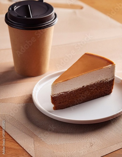 Paper cup of coffee and cake on the table