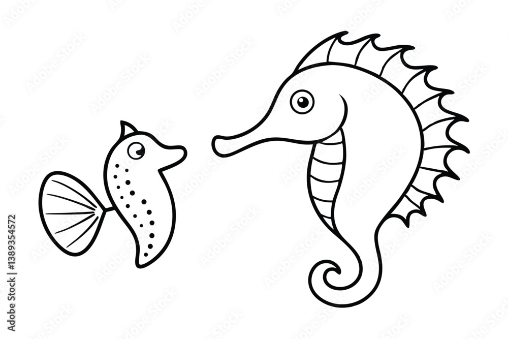 Fototapeta premium Sea horse and fish outline vector art illustration design, simple objects isolated on white background. Hand drawn coloring page.