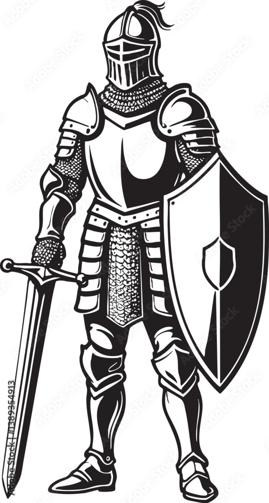 Fototapeta premium Black and White Knight EPS Vector Outline